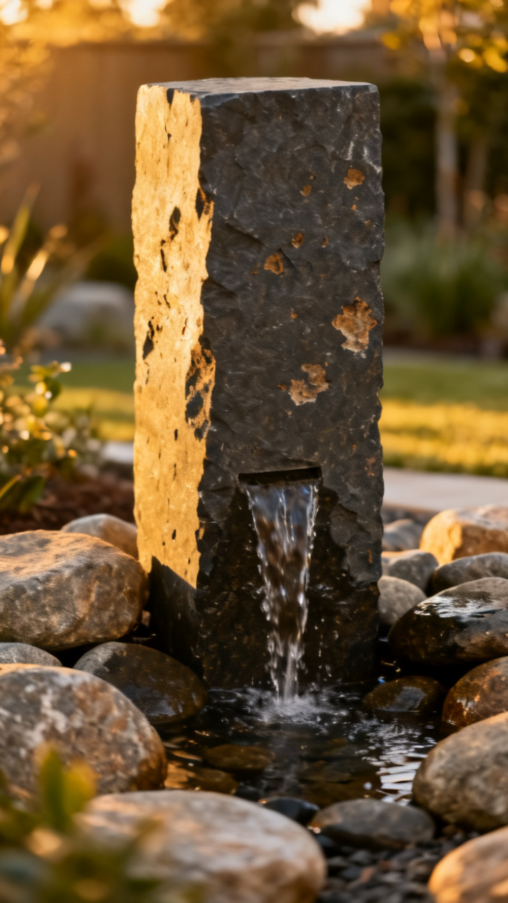Modern basalt water column feature with gentle water flow among stones