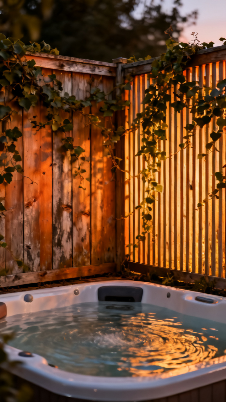 Compact backyard hot tub soak corner with a slatted privacy screen and vines