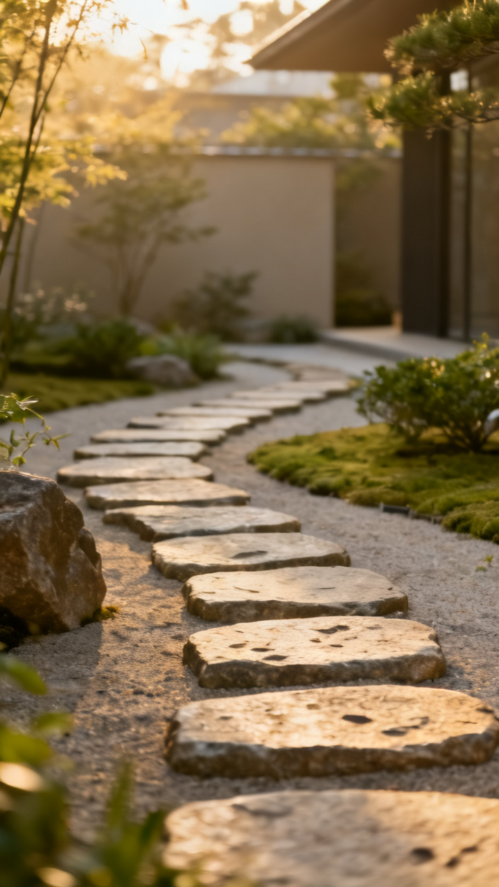 Stone stepping path winding through a peaceful minimalist garden