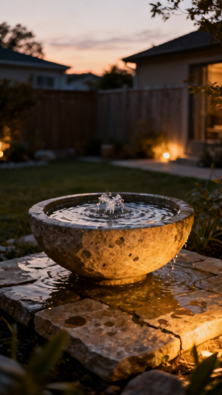 Bubbling stone bowl water feature with low landscape lighting at dusk