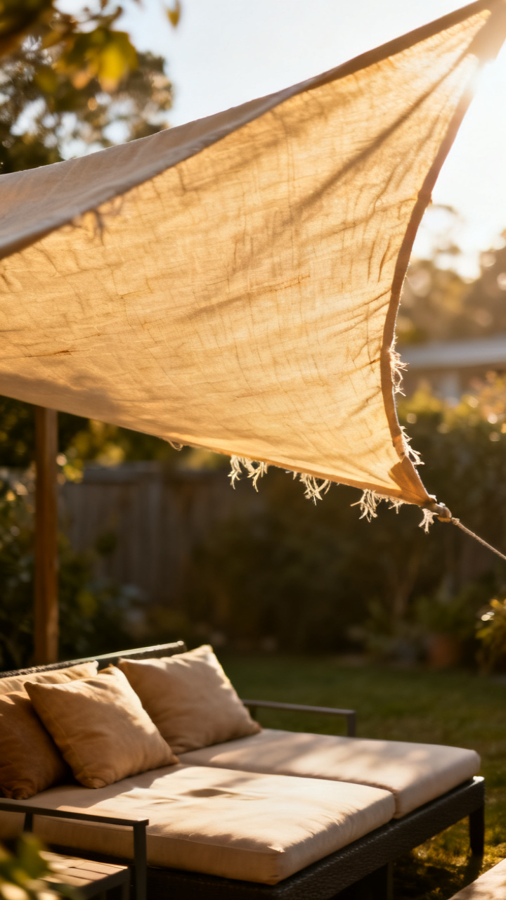 Shade sail stretched over a patio lounge area with cushions