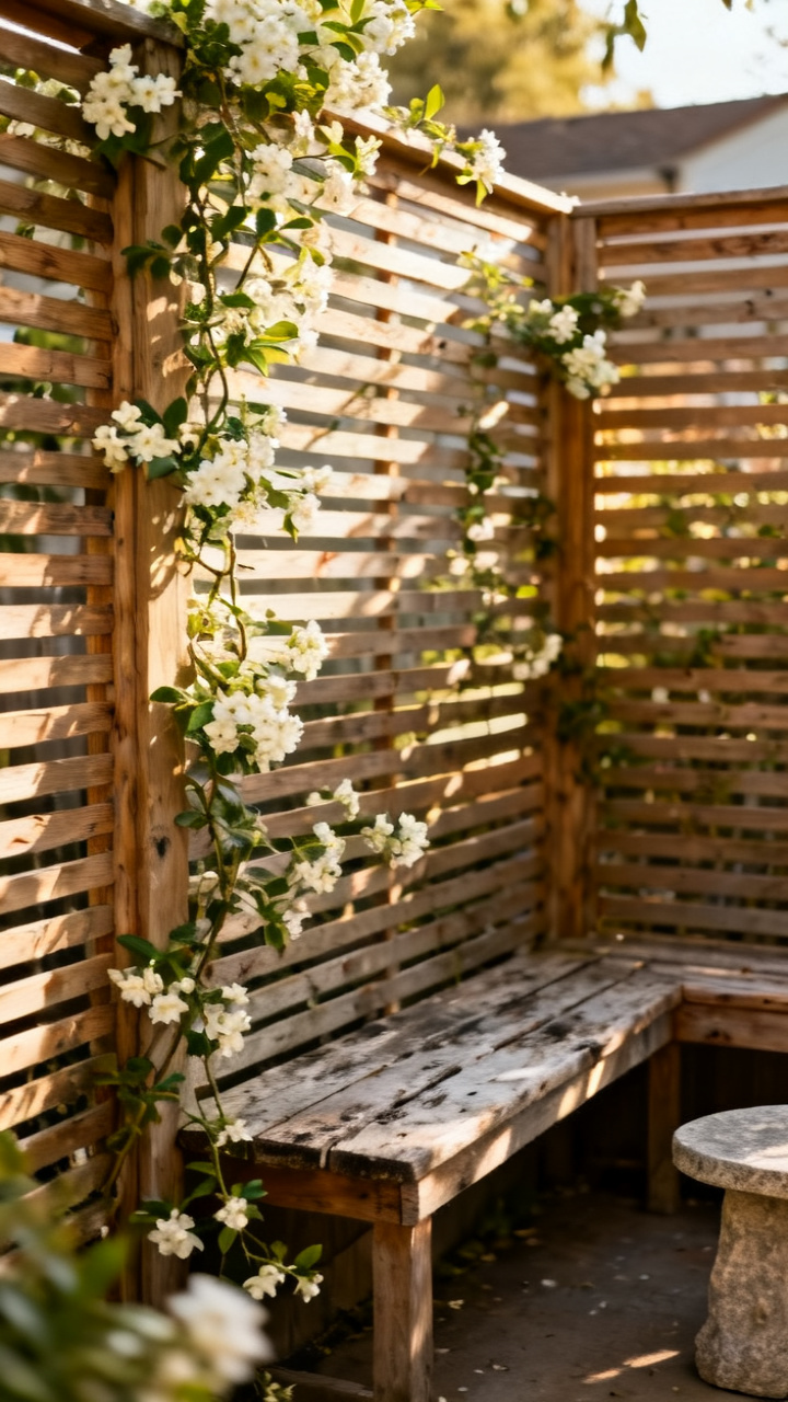Slatted privacy screen with climbing jasmine beside an outdoor seating nook