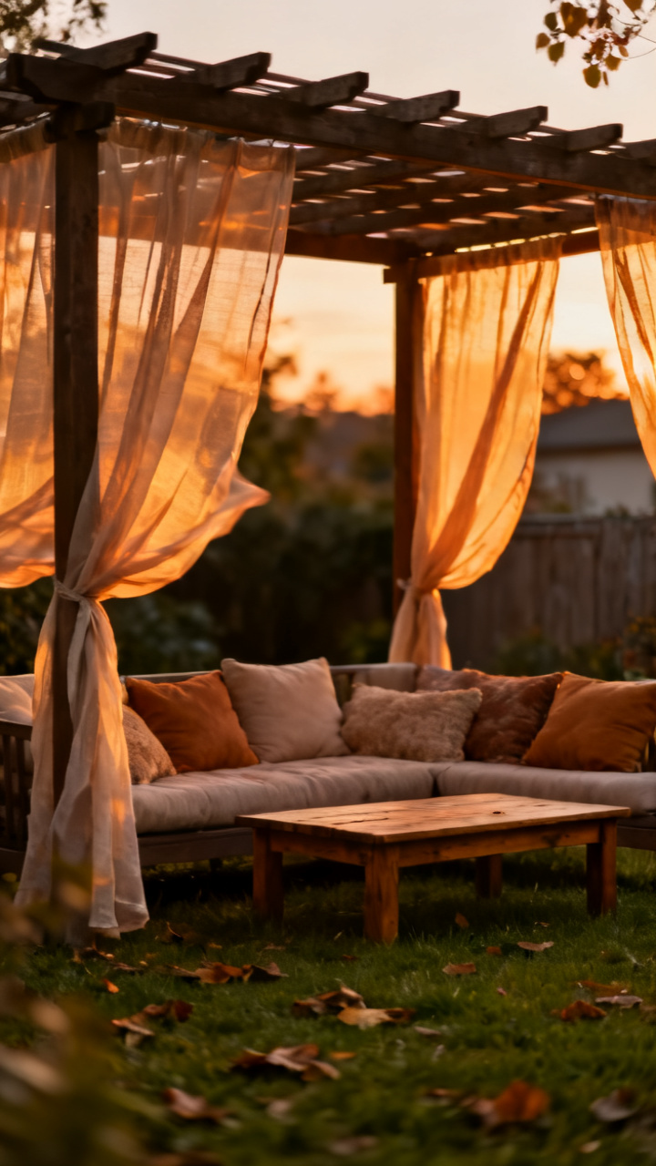 Pergola with sheer outdoor curtains and a cozy lounge underneath