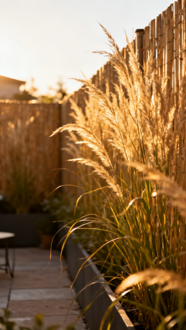 Tall ornamental grasses forming a soft privacy border around a patio