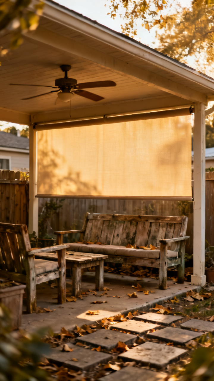 Covered patio lounge with roll-down shades and a ceiling fan