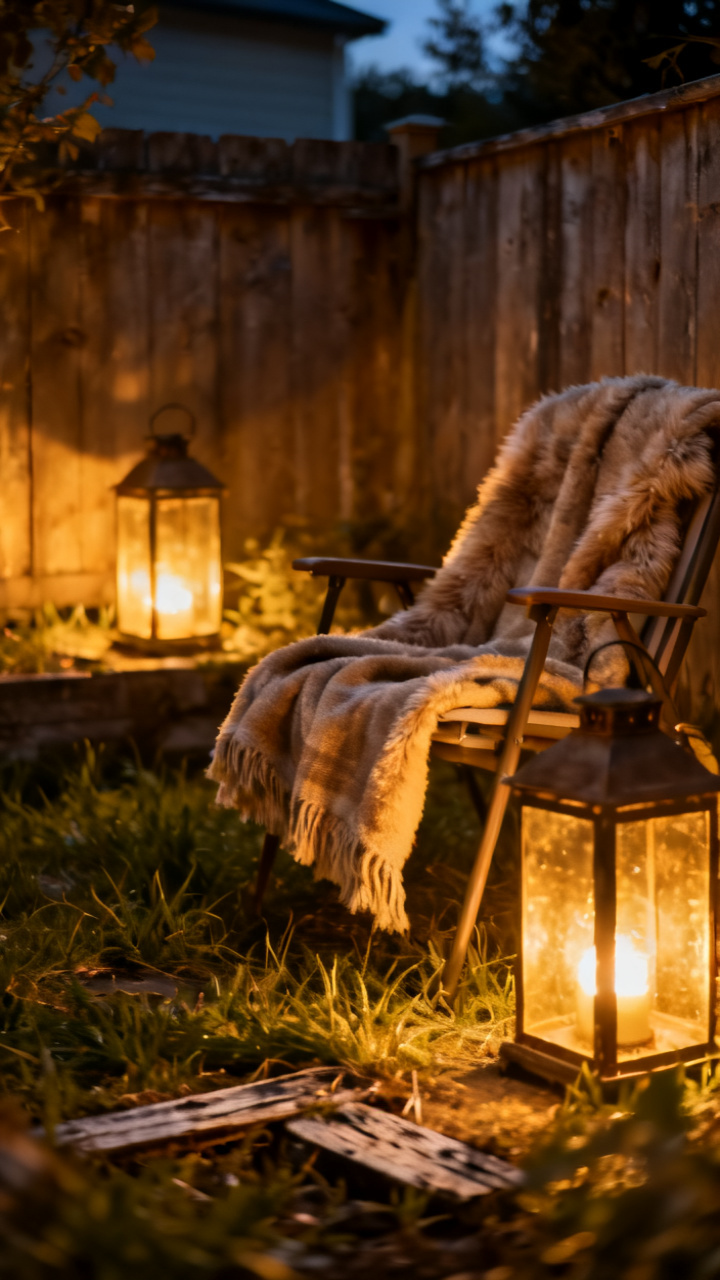 Backyard corner glowing with warm lanterns and a plush throw on a chair at night
