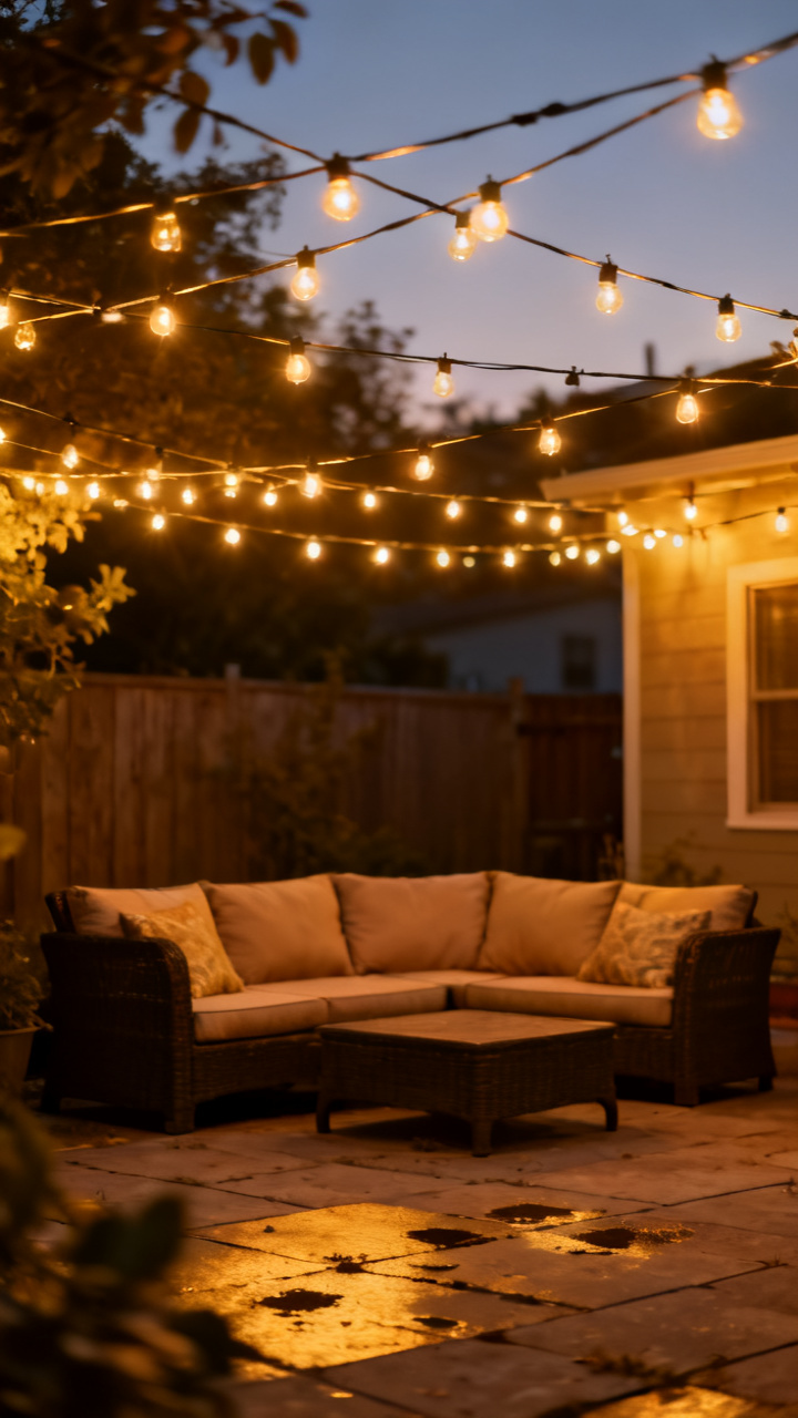 Bistro string lights crisscrossing over a patio lounge at dusk