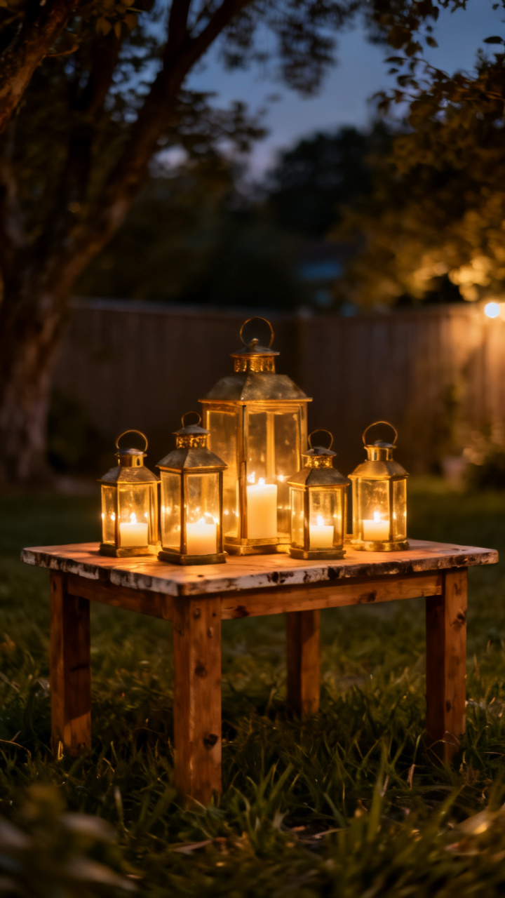 Cluster of candle lanterns on a low table in a cozy nighttime backyard