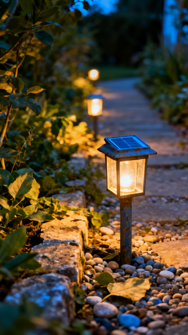 Solar path lights lining a garden walkway glowing softly at dusk