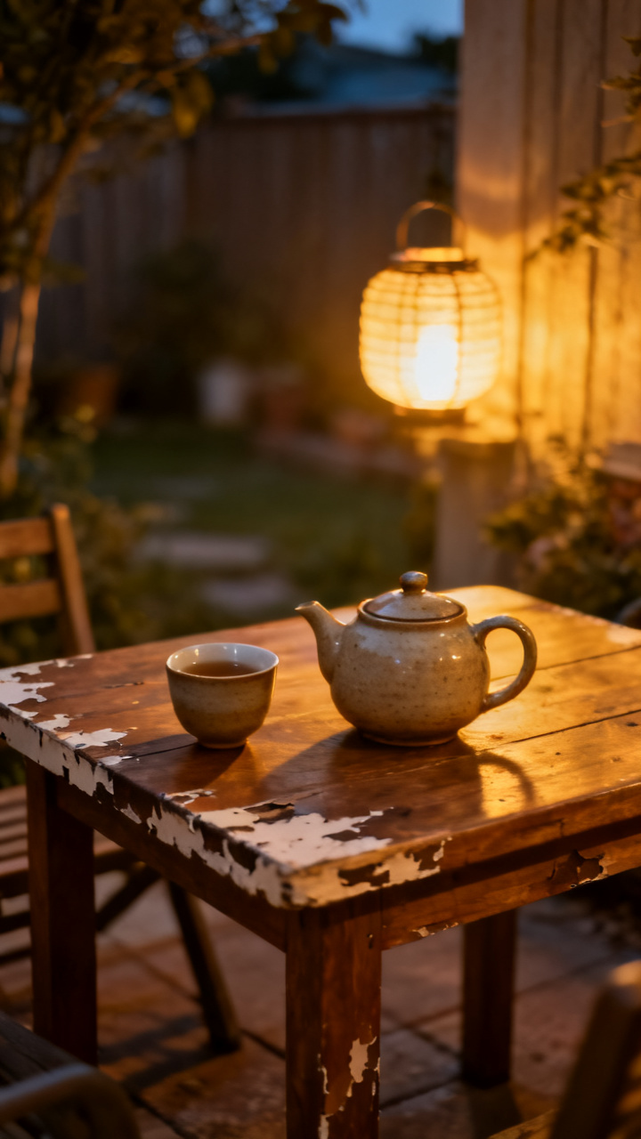Warm nighttime patio ritual corner with a small table, tea, and lantern light