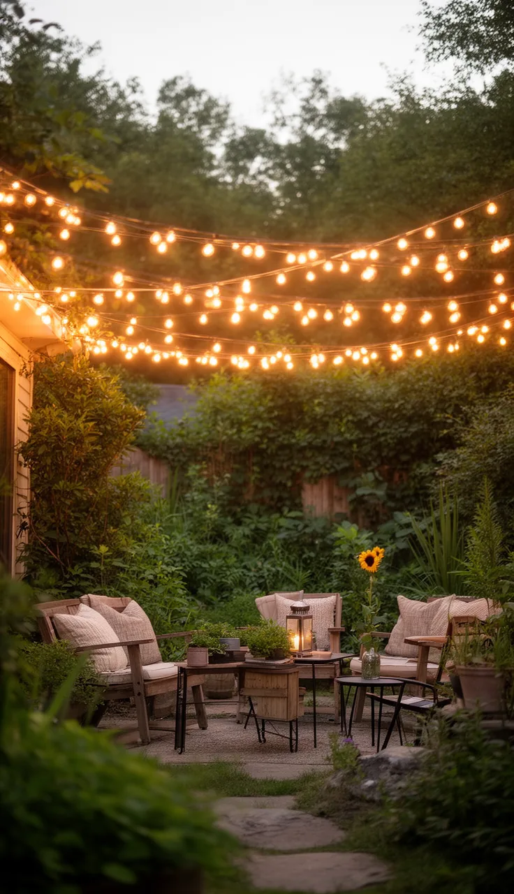 A backyard patio glowing under a canopy of warm string lights