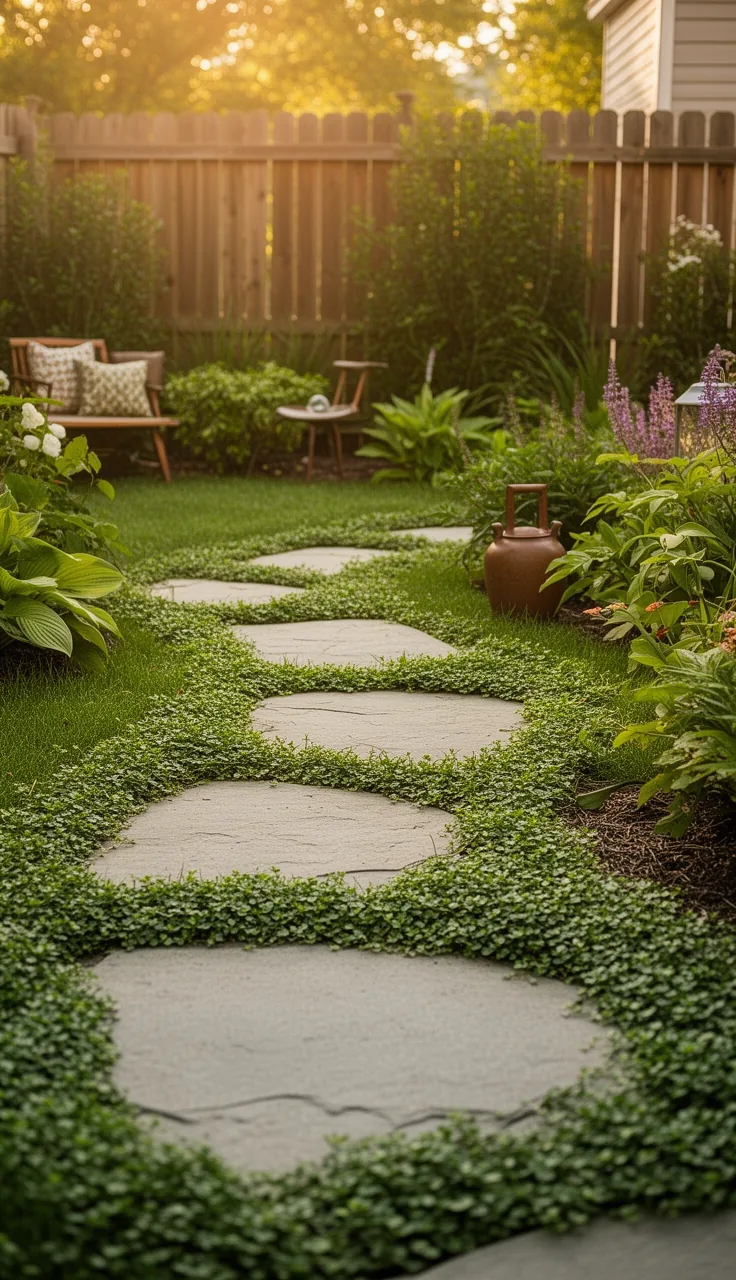 A curving stepping-stone path through a backyard lawn