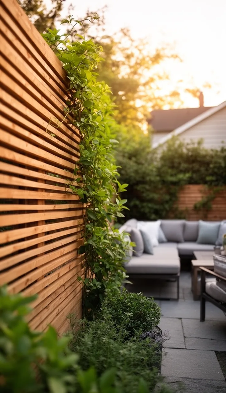 A slatted privacy screen with climbing vines by a backyard patio
