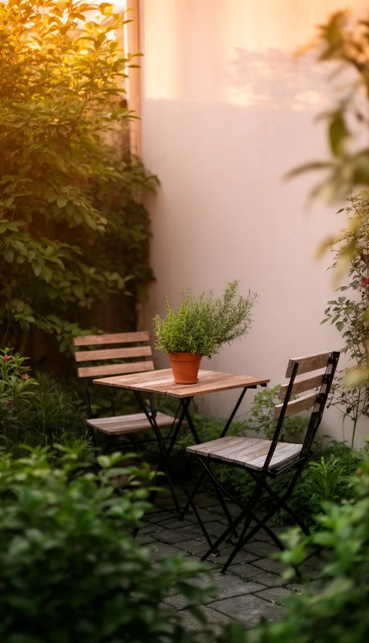 A folding bistro nook in a leafy backyard corner