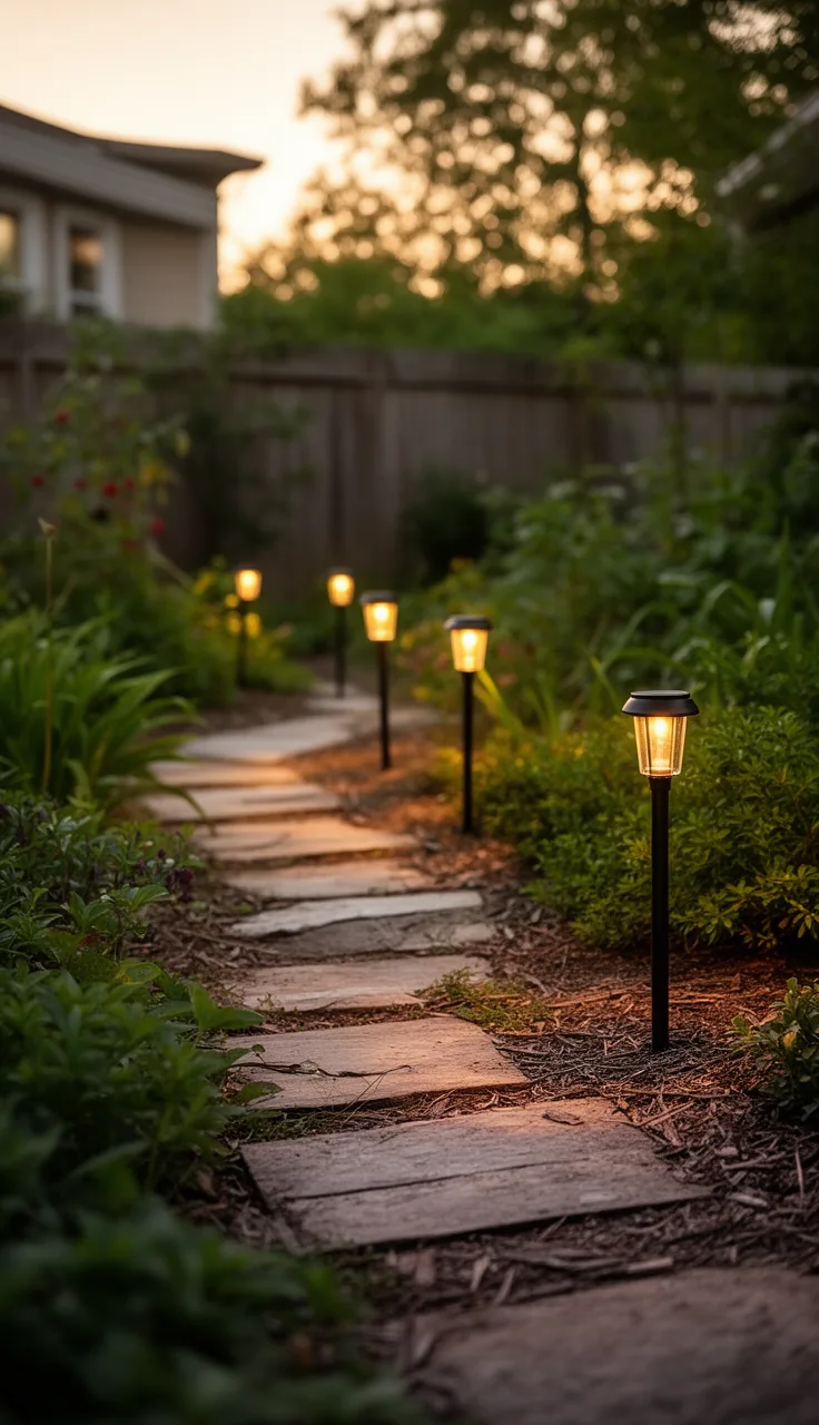 Solar path lights glowing along a backyard walkway at dusk
