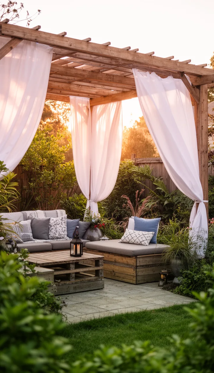 Flowing outdoor curtains framing a backyard pergola lounge