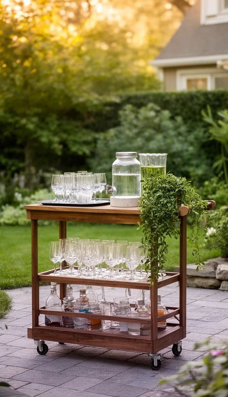 A styled outdoor drink station cart on a backyard patio