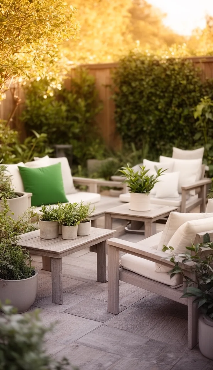 A monochrome warm-neutral backyard patio scheme