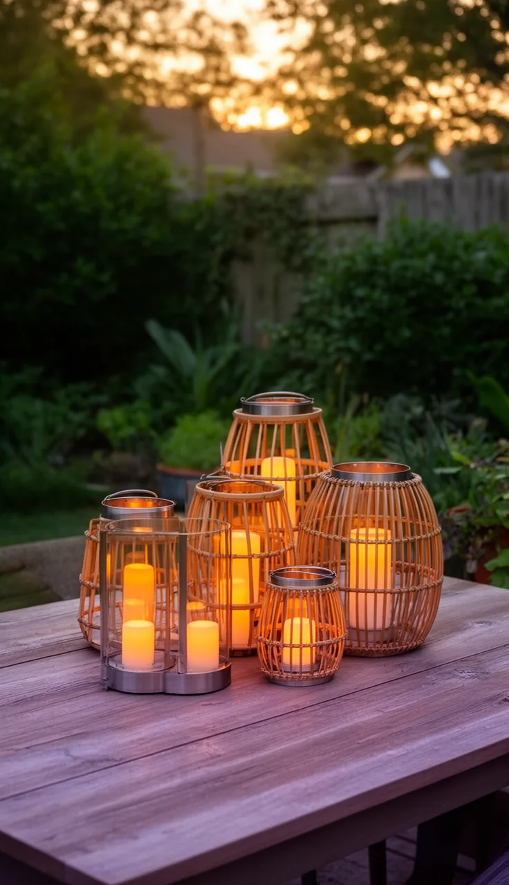 A cluster of glowing lanterns and candles on a backyard table