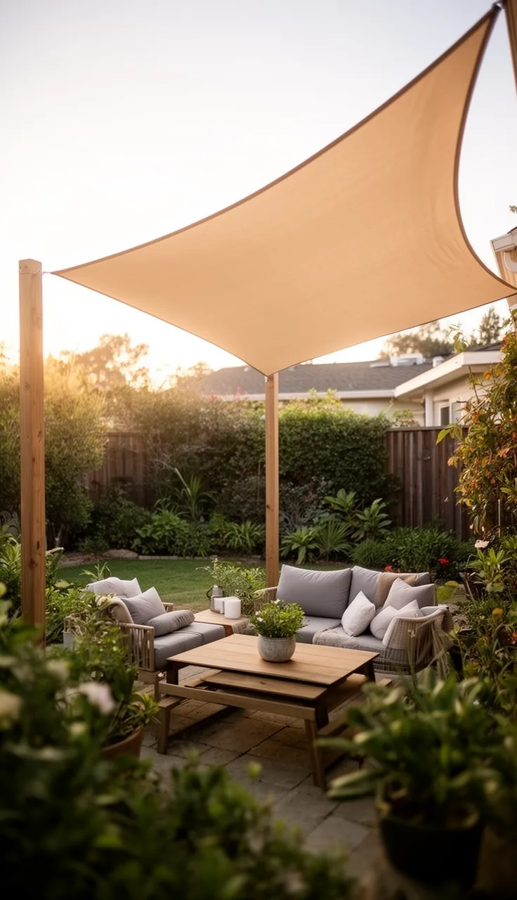 A triangular shade sail stretched over a backyard lounge