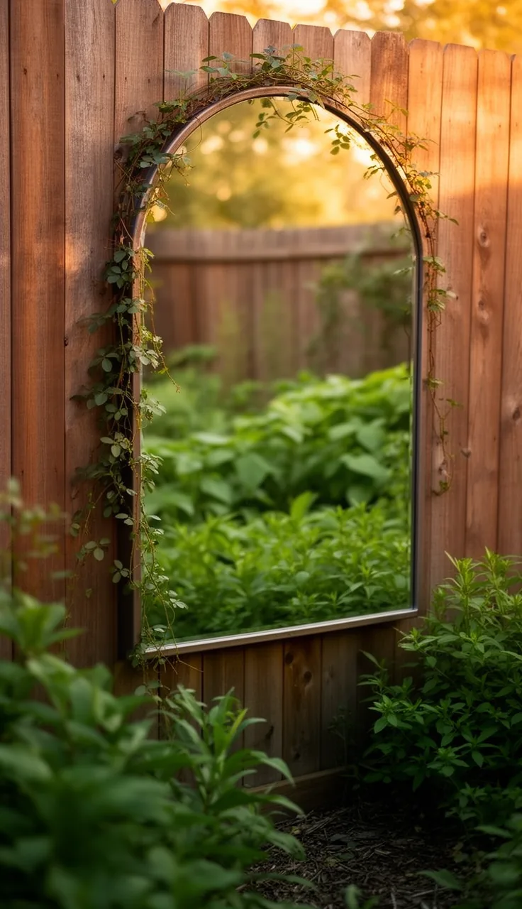 An arched garden mirror reflecting greenery on a backyard fence