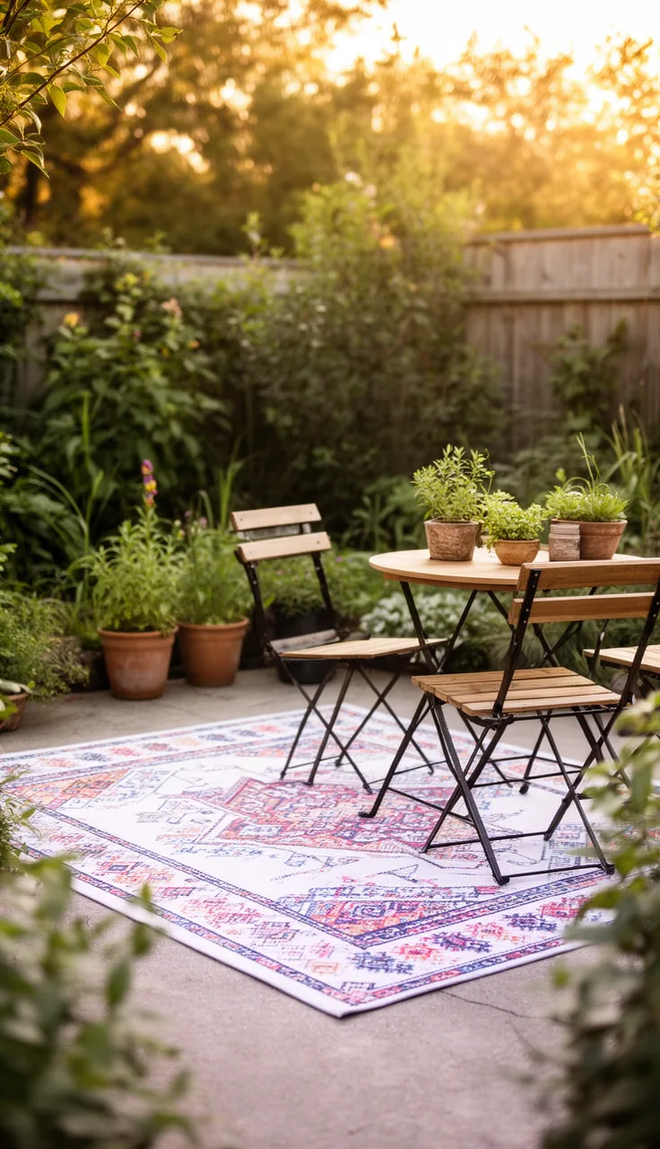 A painted faux outdoor rug on a concrete backyard patio