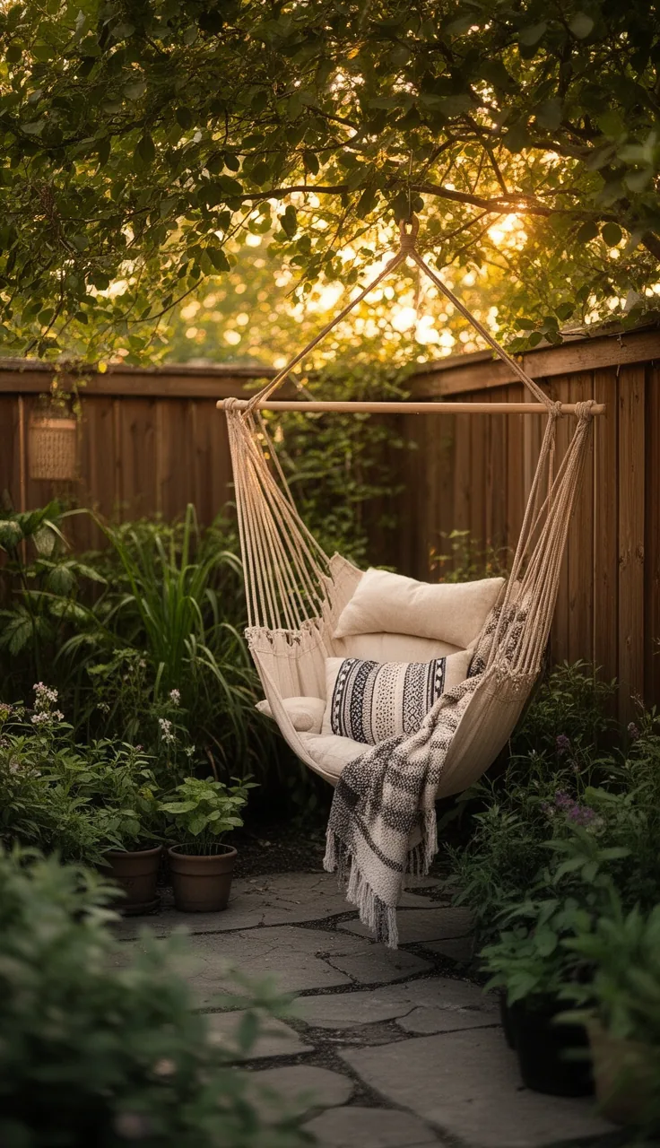 A cozy hammock chair in a shaded leafy backyard corner