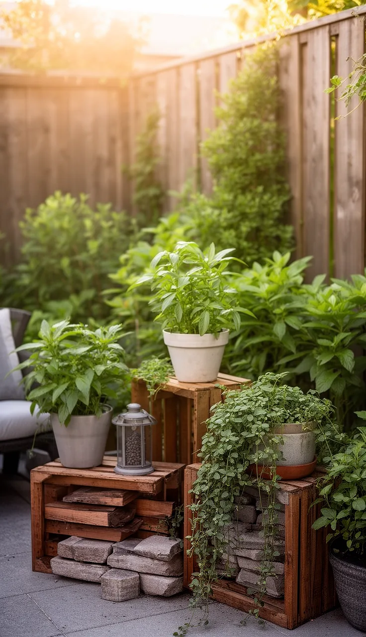 Potted plants staged at varied heights in a backyard corner