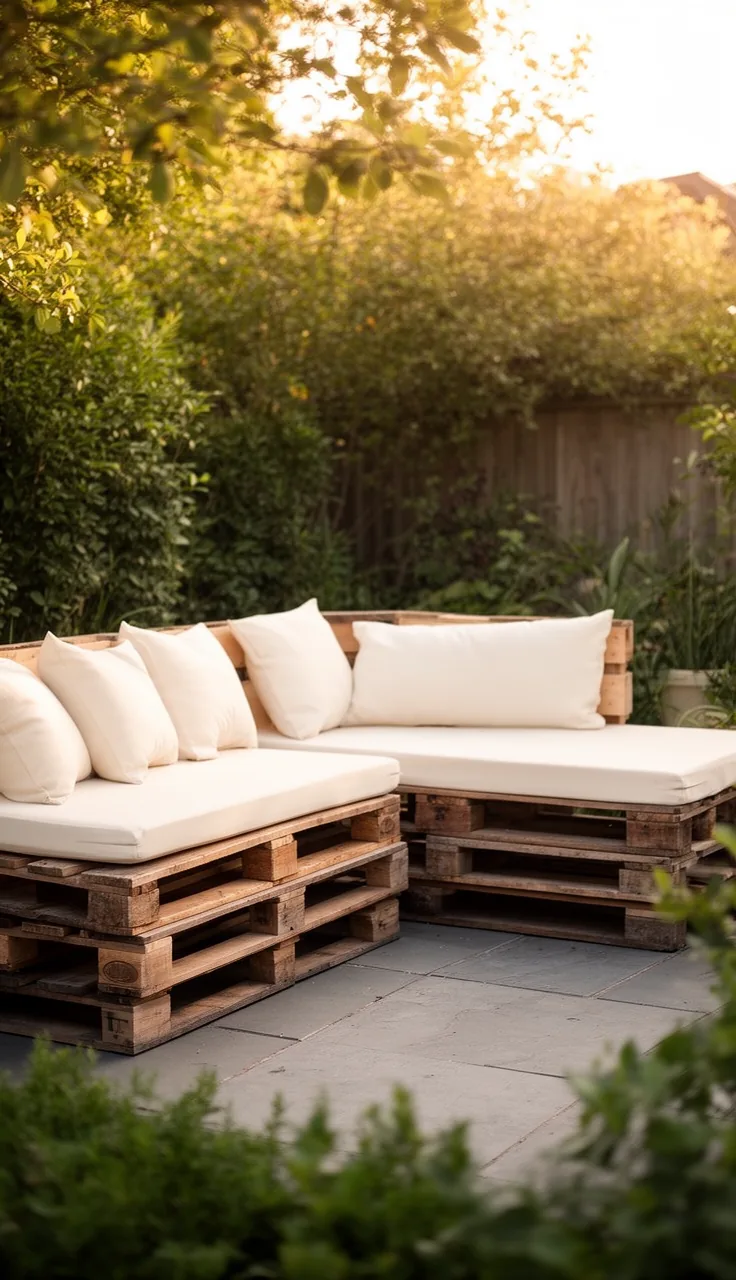 A pallet lounge sofa with cushions on a backyard patio