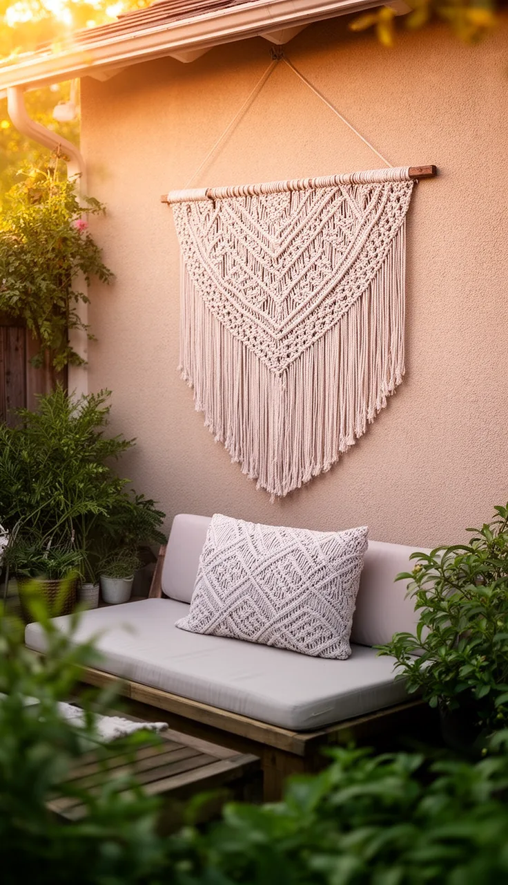 A handmade woven wall hanging on a backyard exterior wall