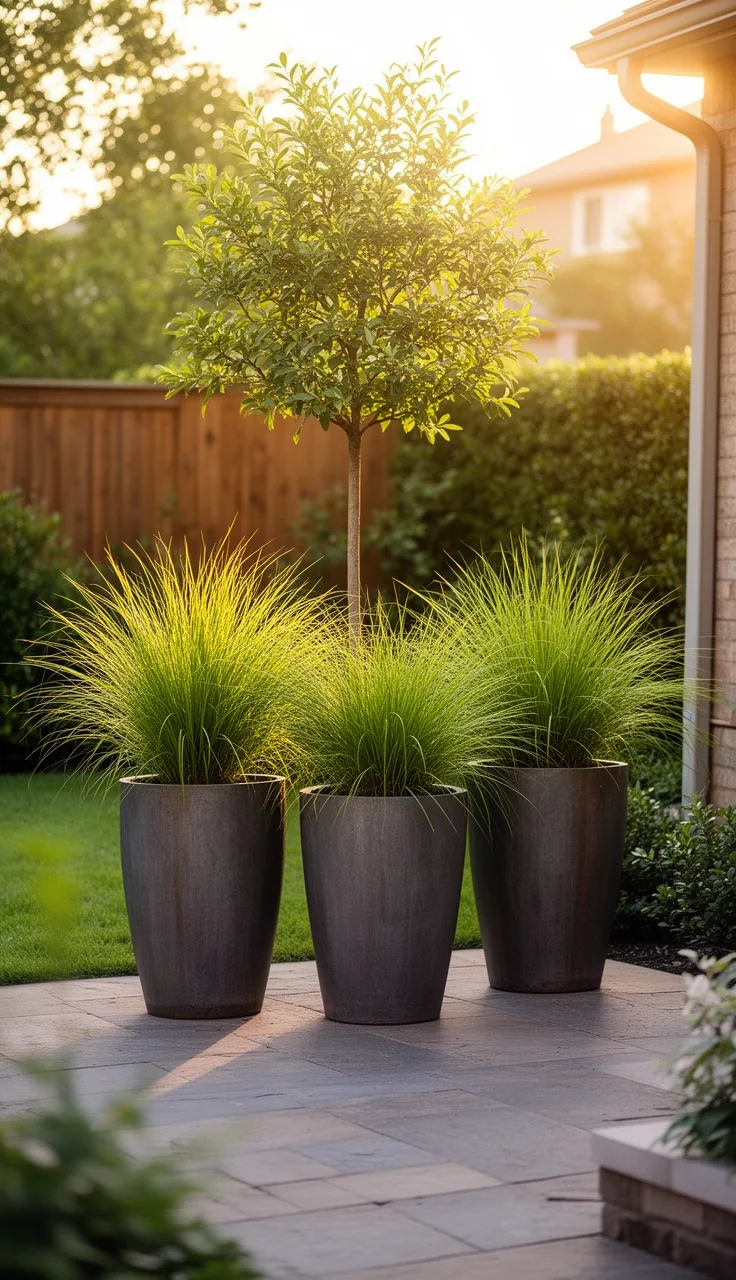 Oversized planters with lush greenery framing a backyard patio
