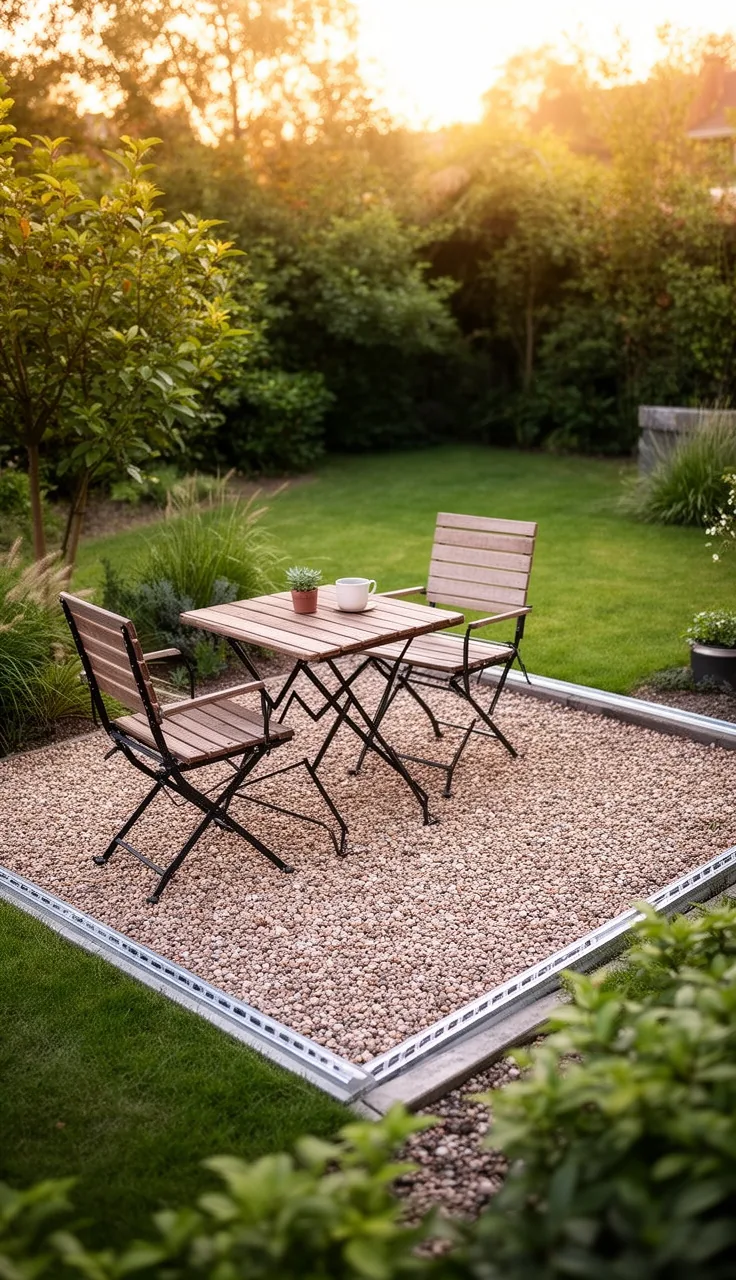 A simple pea gravel patio zone in a green backyard