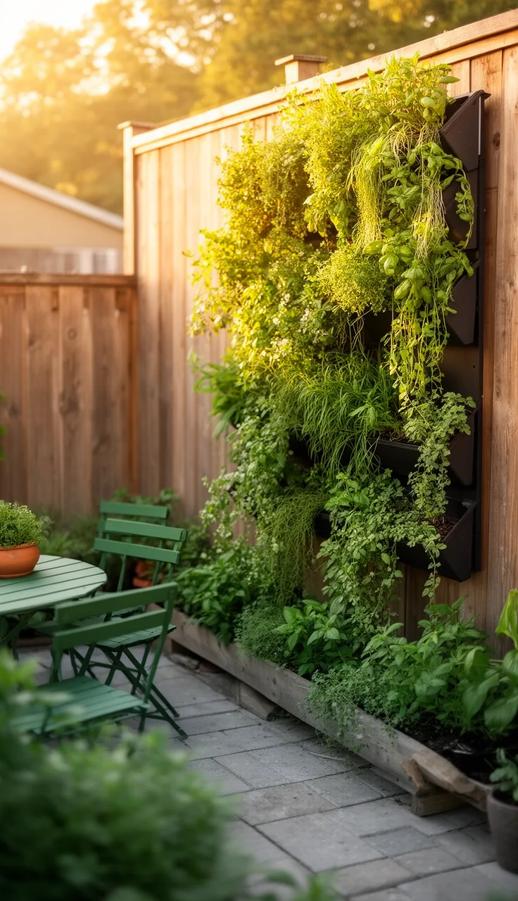 A vertical garden wall of trailing plants on a backyard fence