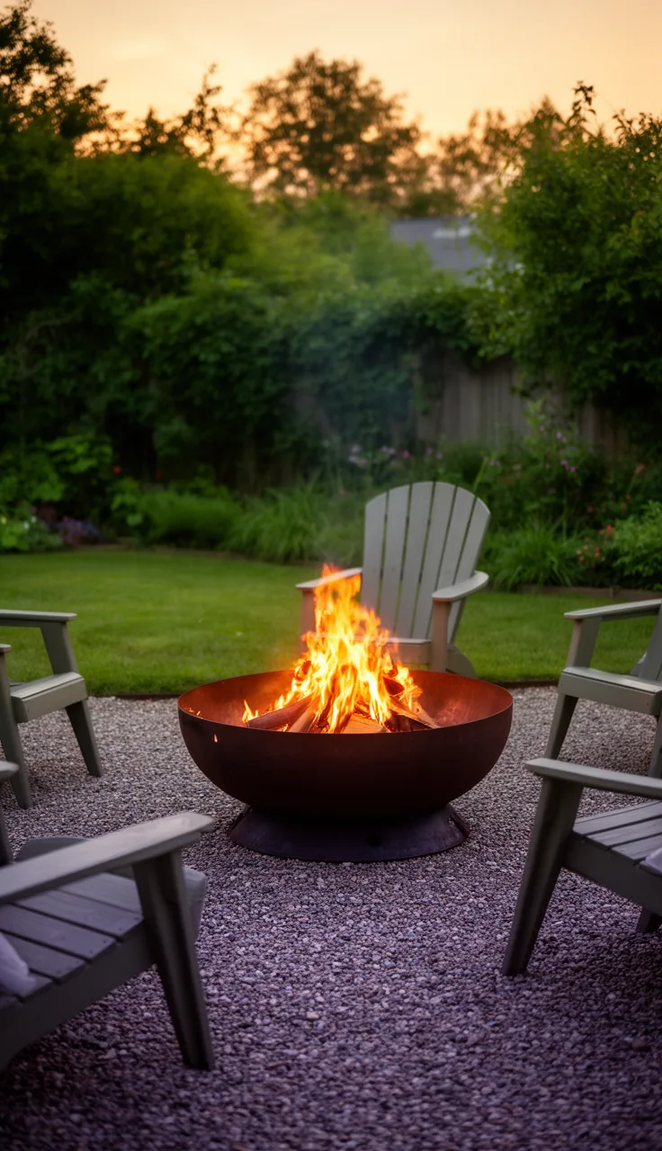 A low-cost fire bowl glowing on a gravel backyard patio