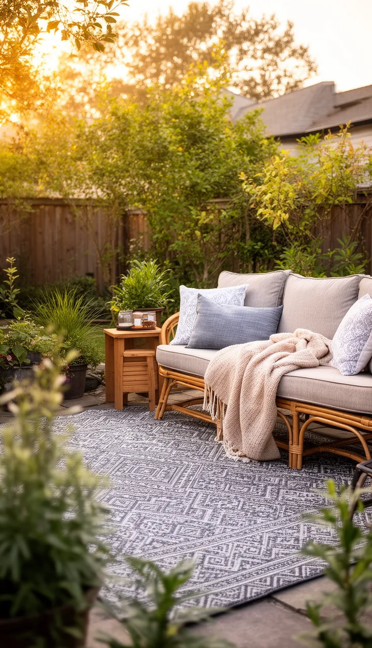 A backyard patio layered with an outdoor rug and cushions
