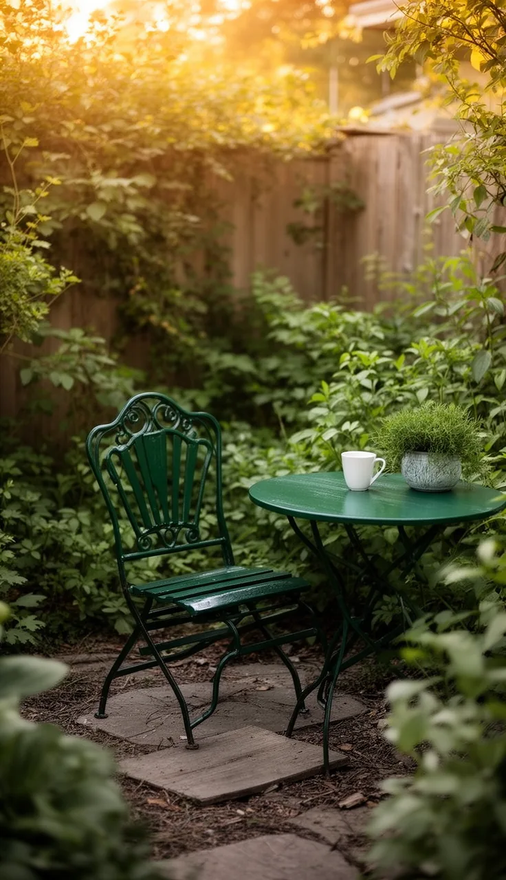 An upcycled thrifted bistro set painted deep green in a backyard