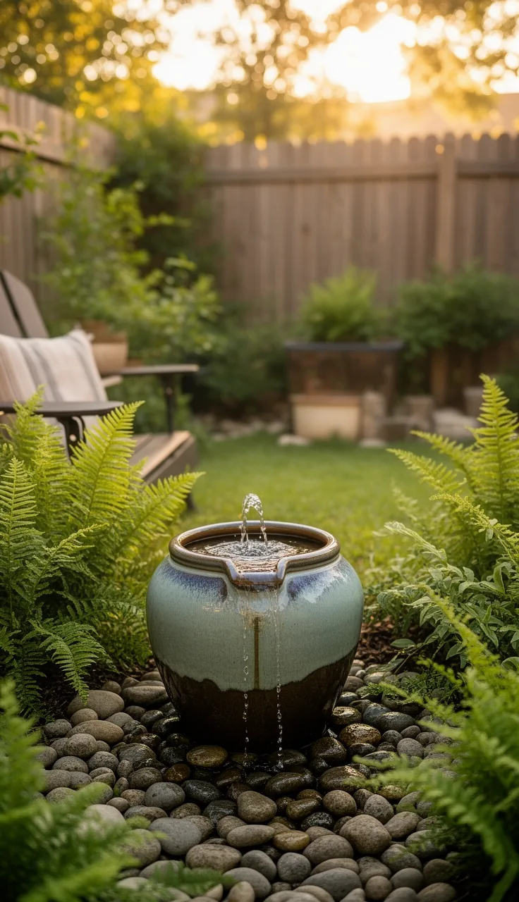 A DIY bubbling urn water feature in a green backyard