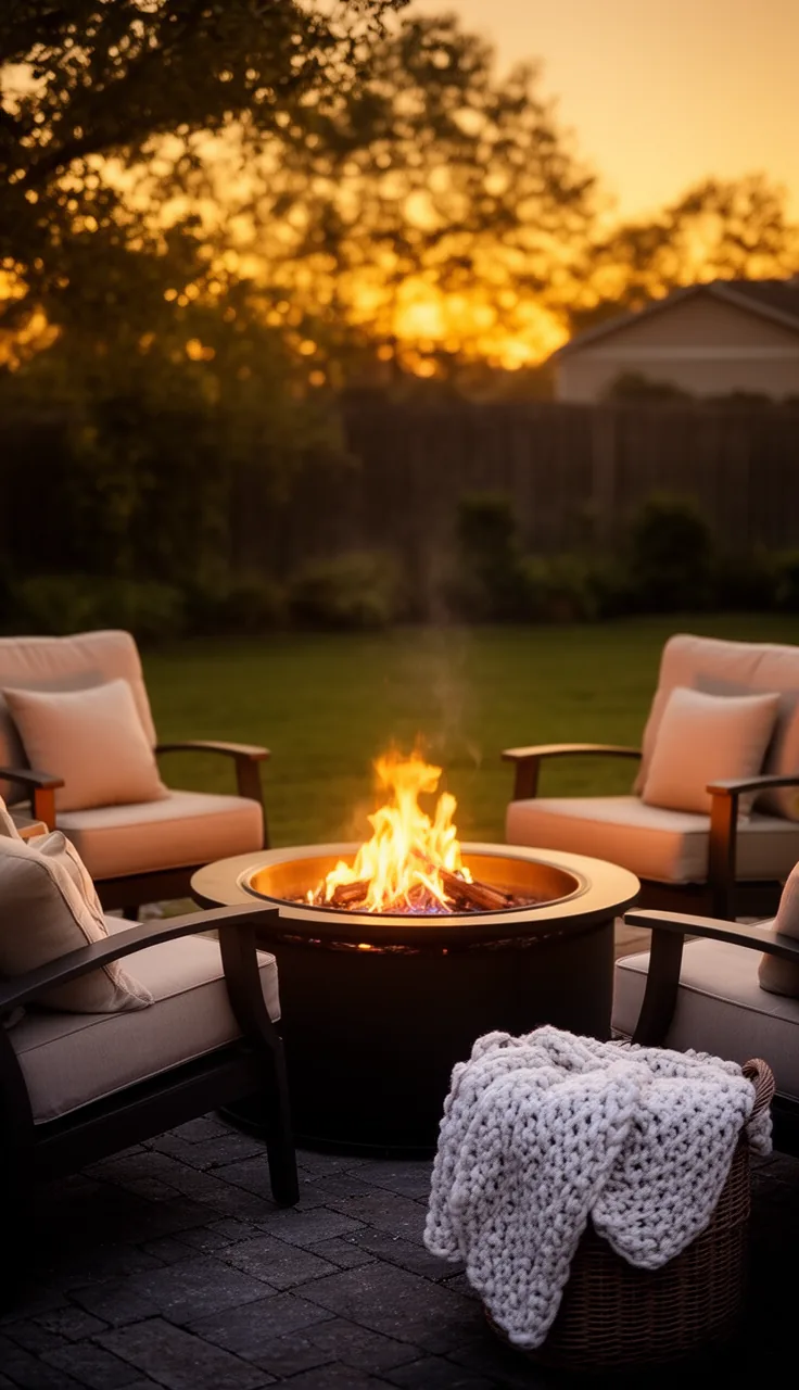 A modern fire pit with warm flames surrounded by cushioned outdoor seating