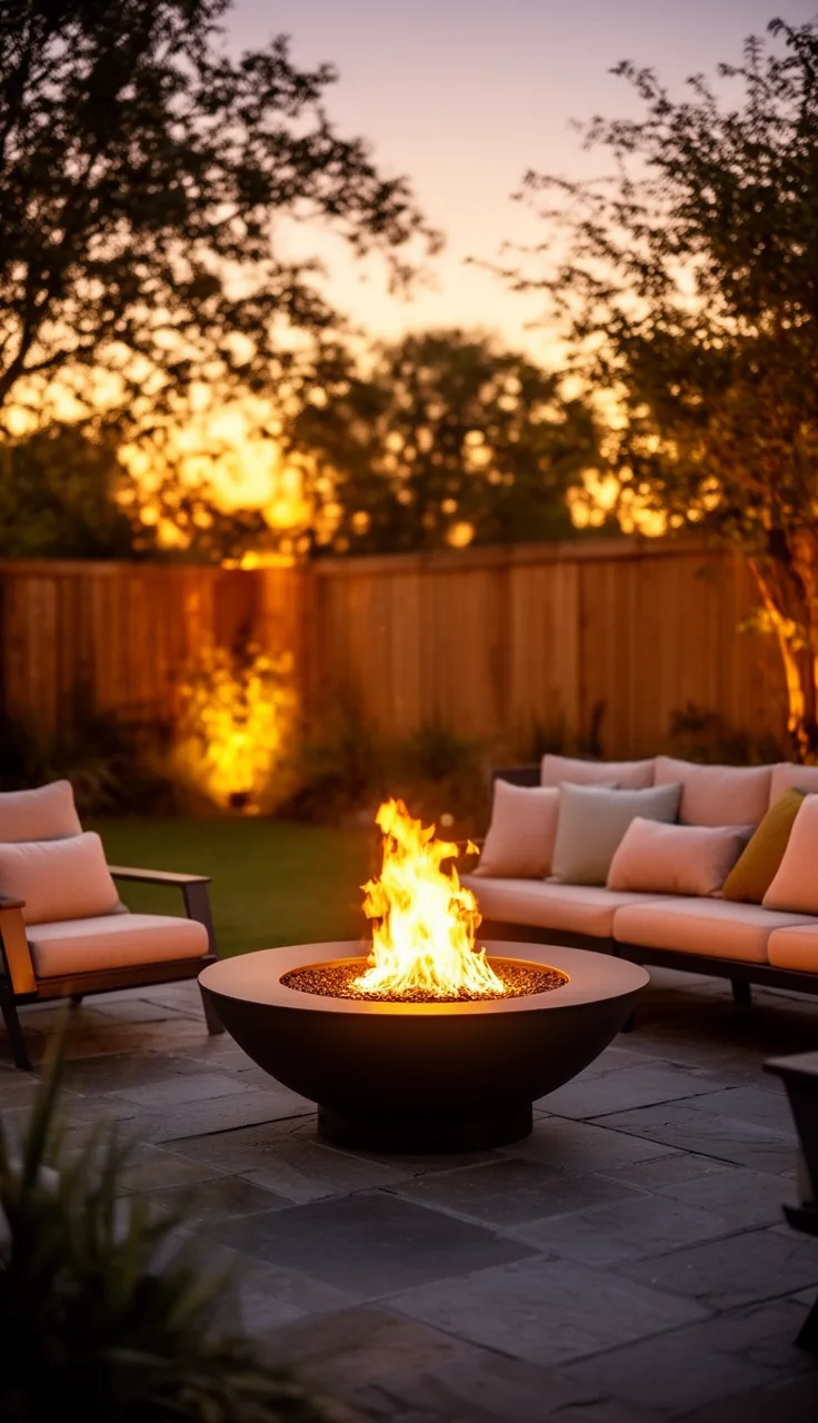 Cozy evening backyard with a lit fire pit and comfortable sofa cushions