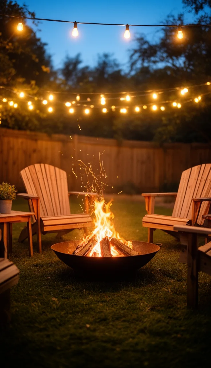 Round fire pit bowl glowing against a wooden fence at sunset