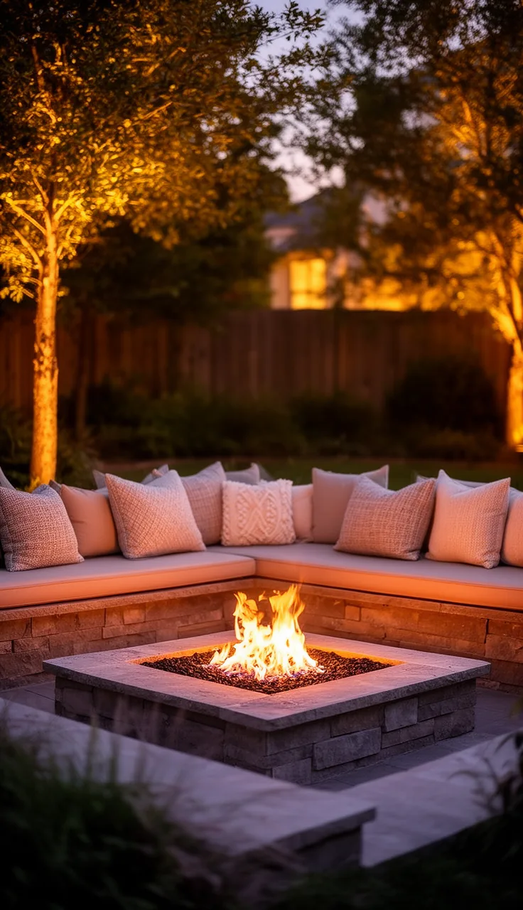 Friends-ready fire pit lounge with pillows and soft evening light