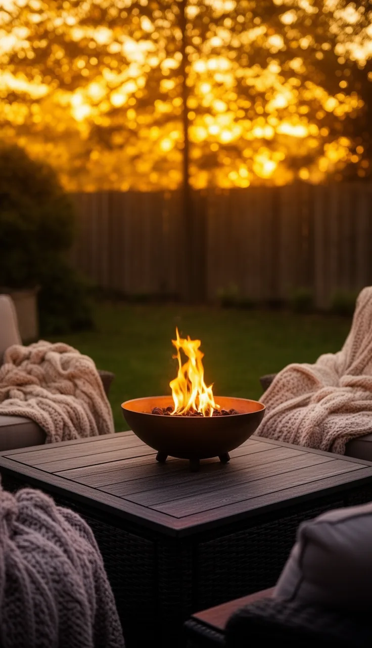 A gas fire pit centerpiece on a stone patio at dusk