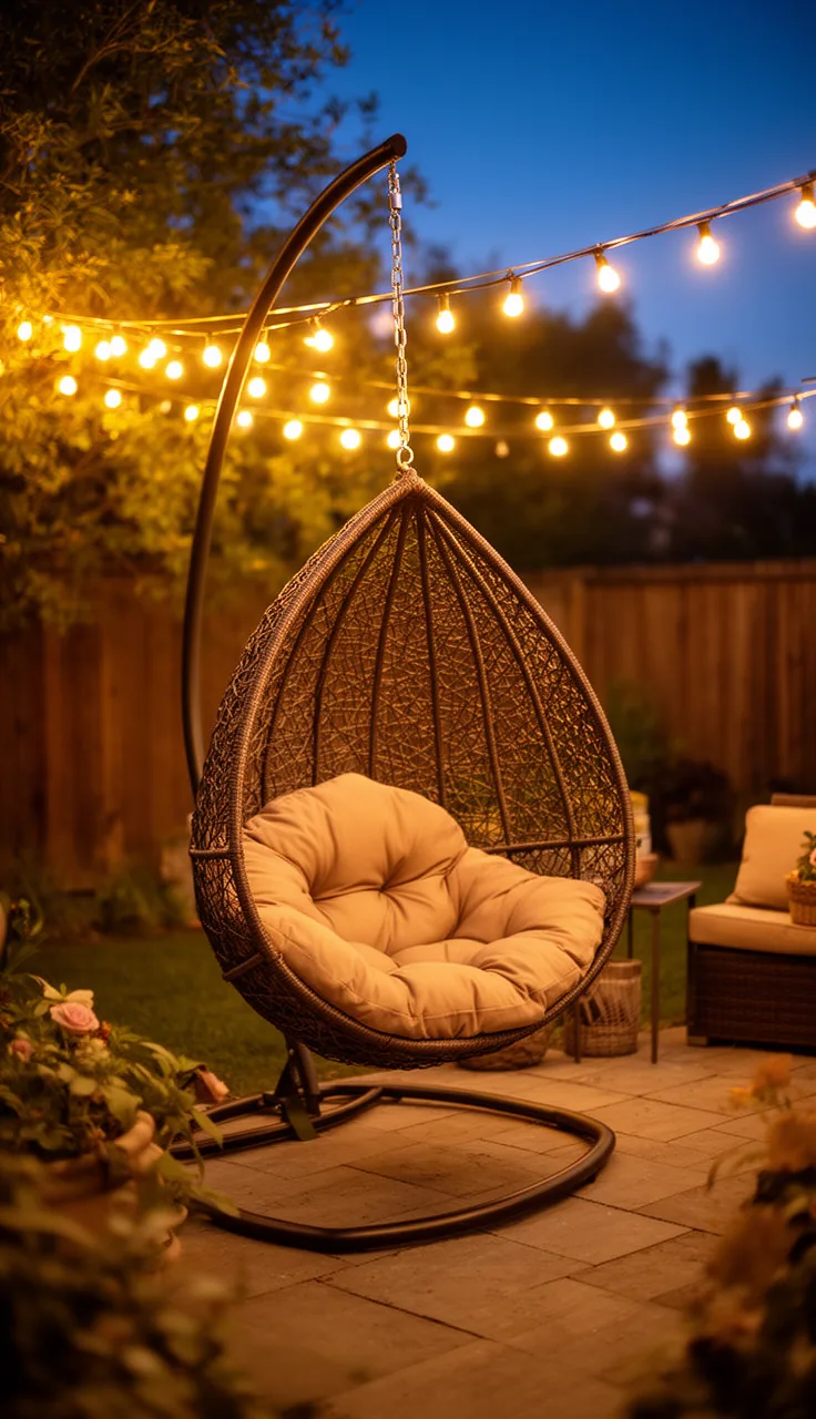 A hammock strung between trees in a softly lit evening garden