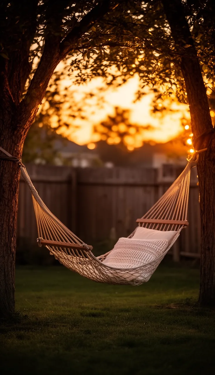 A hanging swing chair with cushions in a cozy backyard corner