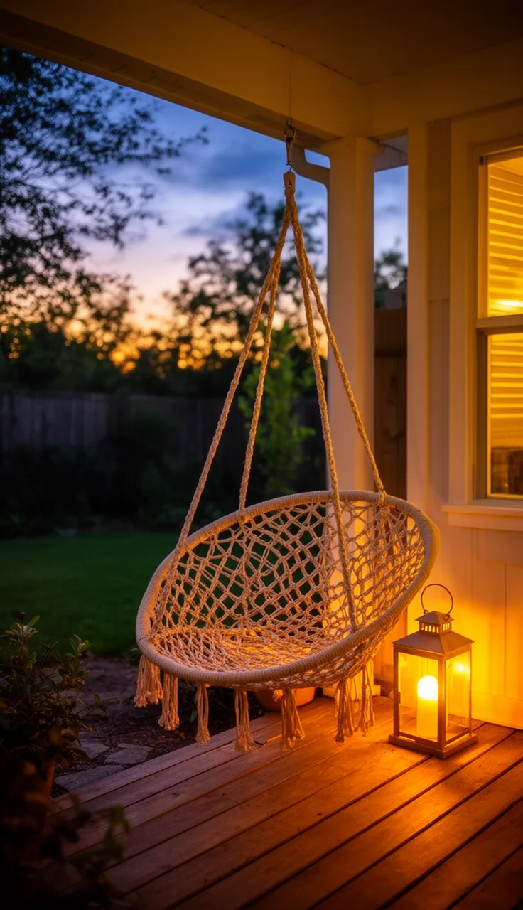 A relaxed backyard hammock draped with a throw at dusk