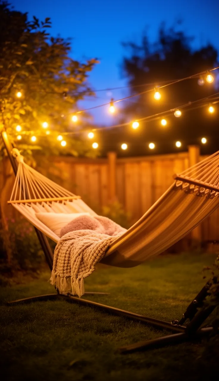 A swing chair glowing under warm string lights in the evening