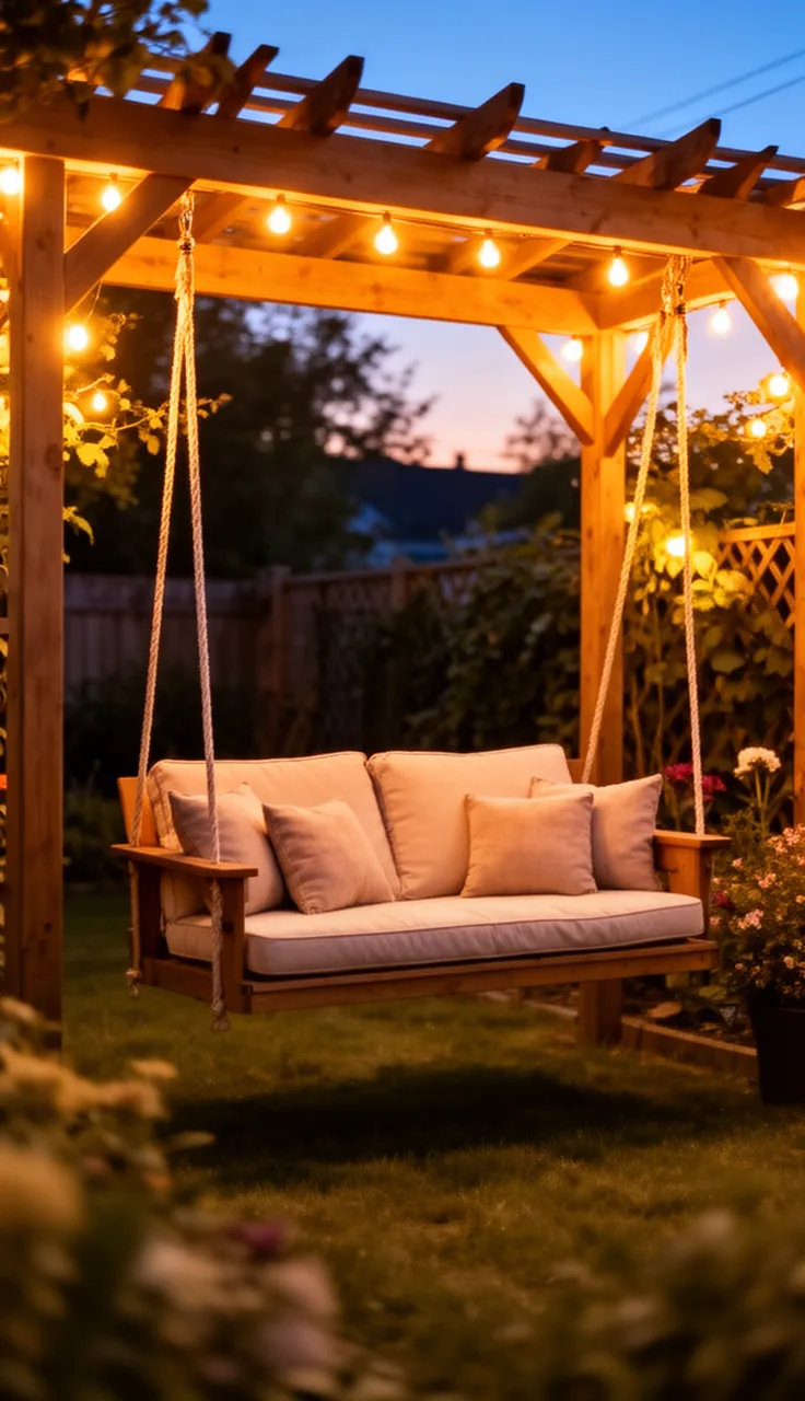 A peaceful garden hammock surrounded by greenery and lanterns