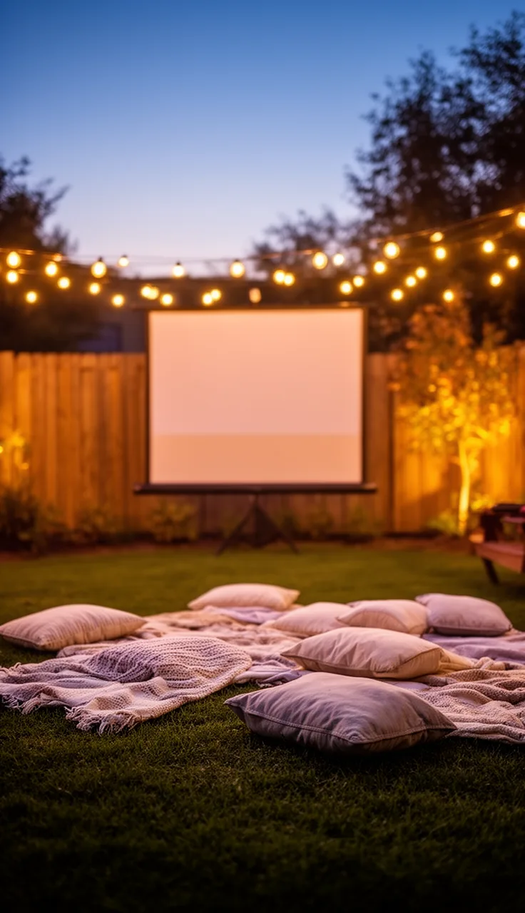 An outdoor movie setup with a projector screen and blankets on the grass