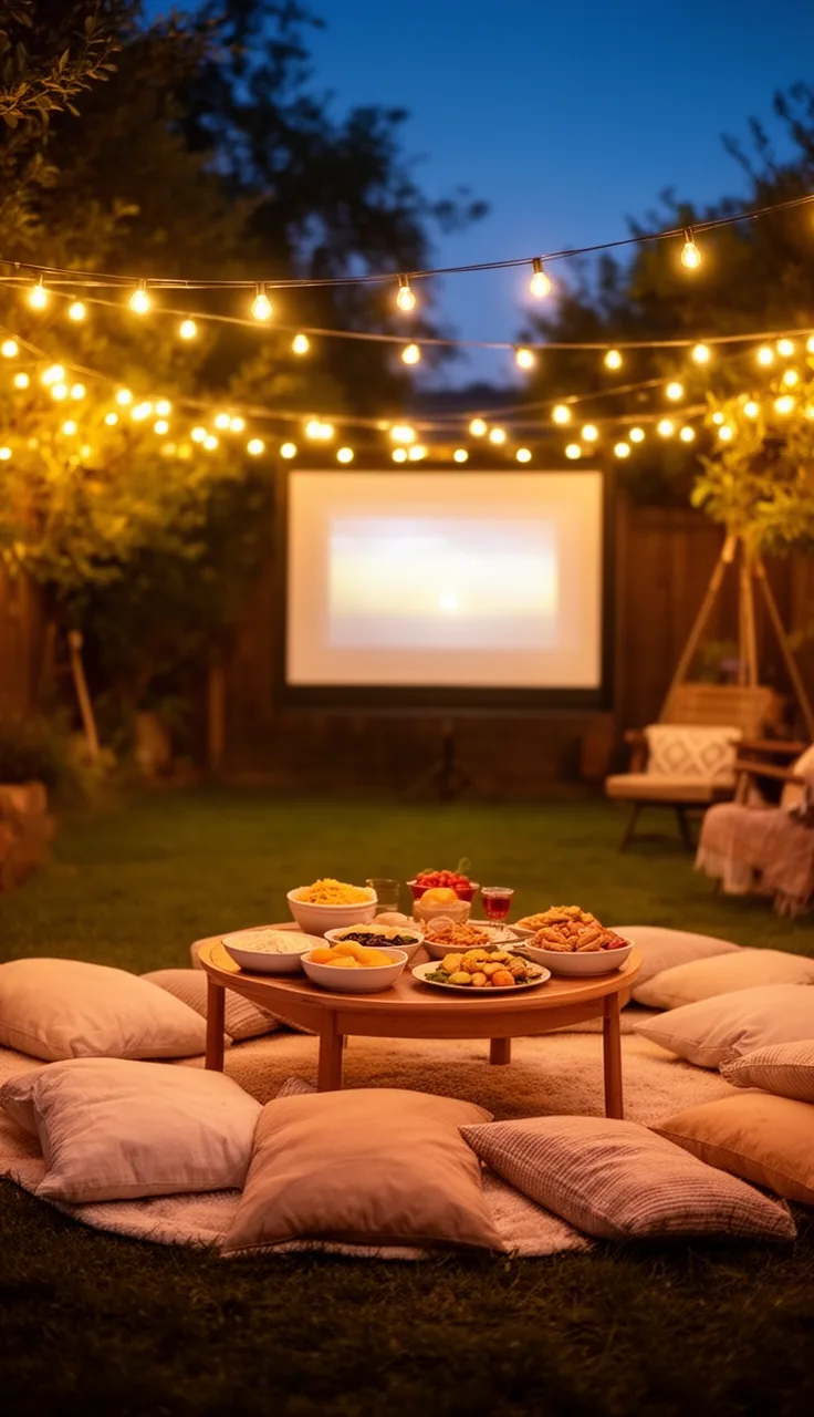 A backyard cinema corner with floor cushions and string lights at night
