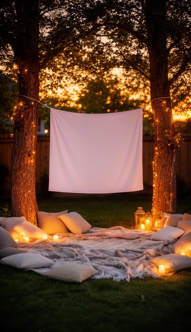 A hanging white screen framed by trees for a cozy garden movie night